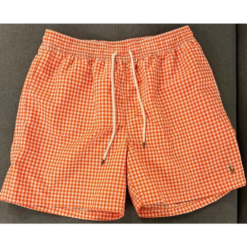 Polo Ralph Lauren Orange White Gingham Traveler Swim Trunks Men’s Size XL